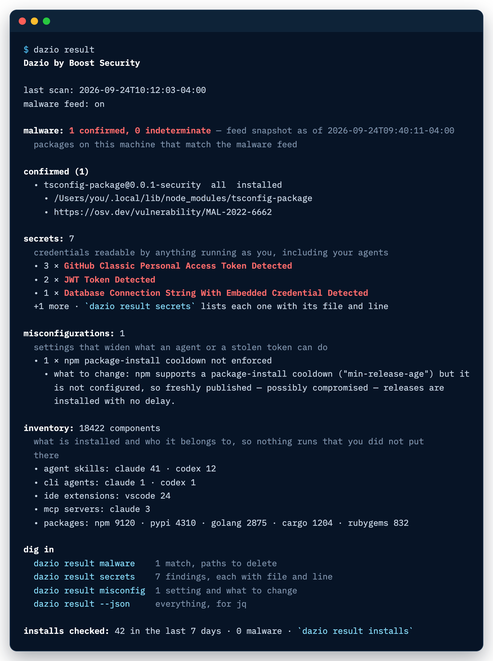 Sample output of dazio result: a malware match, secrets by type, a misconfiguration and the installed-component inventory